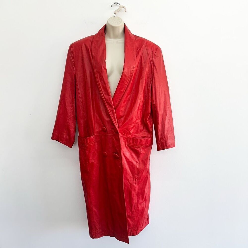 Wilsons Leather Women’s Bright Red Vintage 80s Double Breasted Leather Trench Co